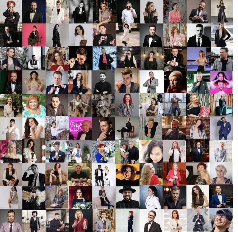 Коллаж фотографий участников прошлых марафонов EVENT-SBOR — более 100 ведущих мероприятий со всей России